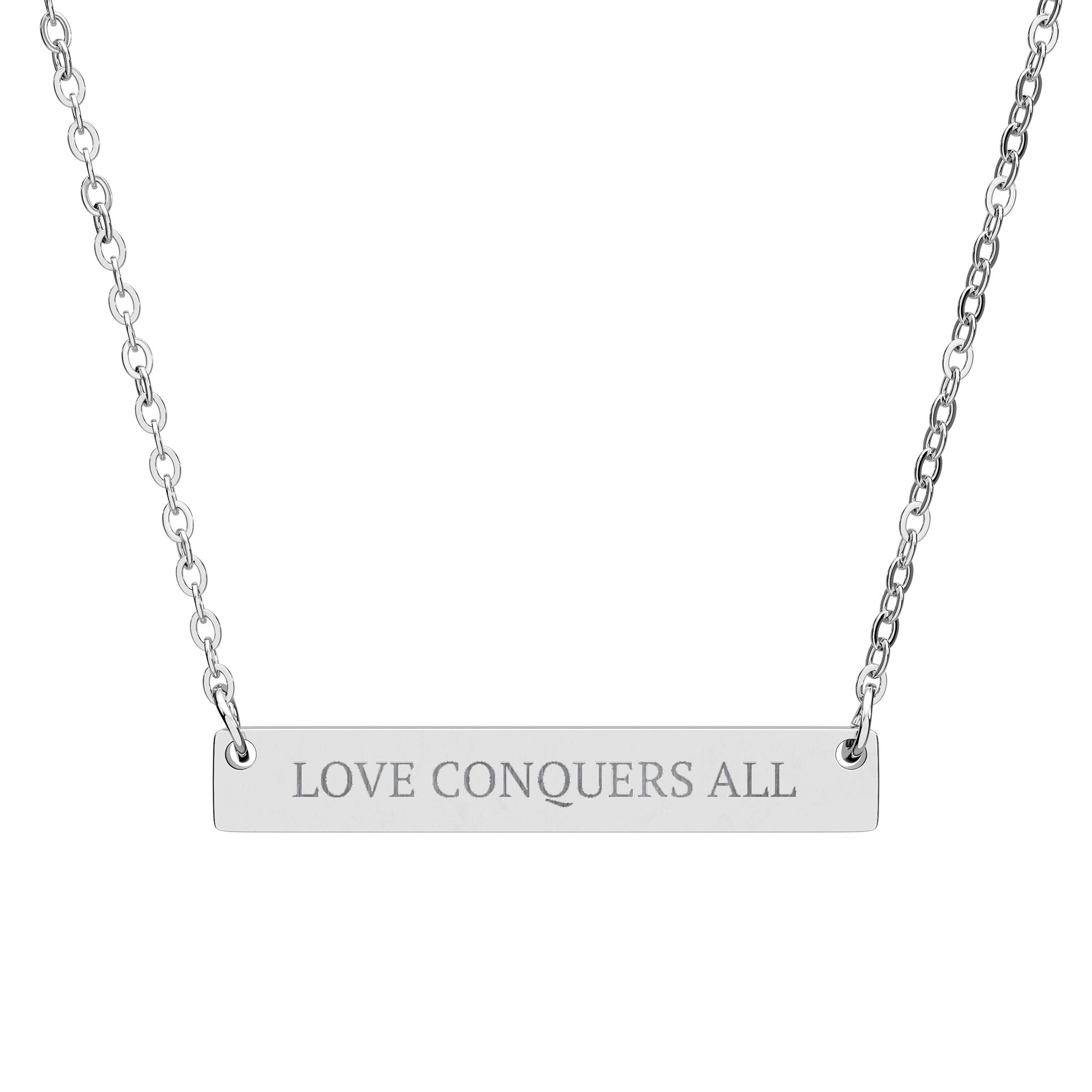 Engraved Bar Necklace — "Love Conquers All"