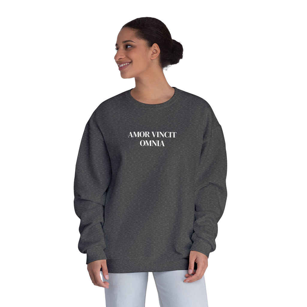 Love Conquers All Crewneck Sweatshirt — "Amor Vincit Omnia" Minimal Cotton Pullover