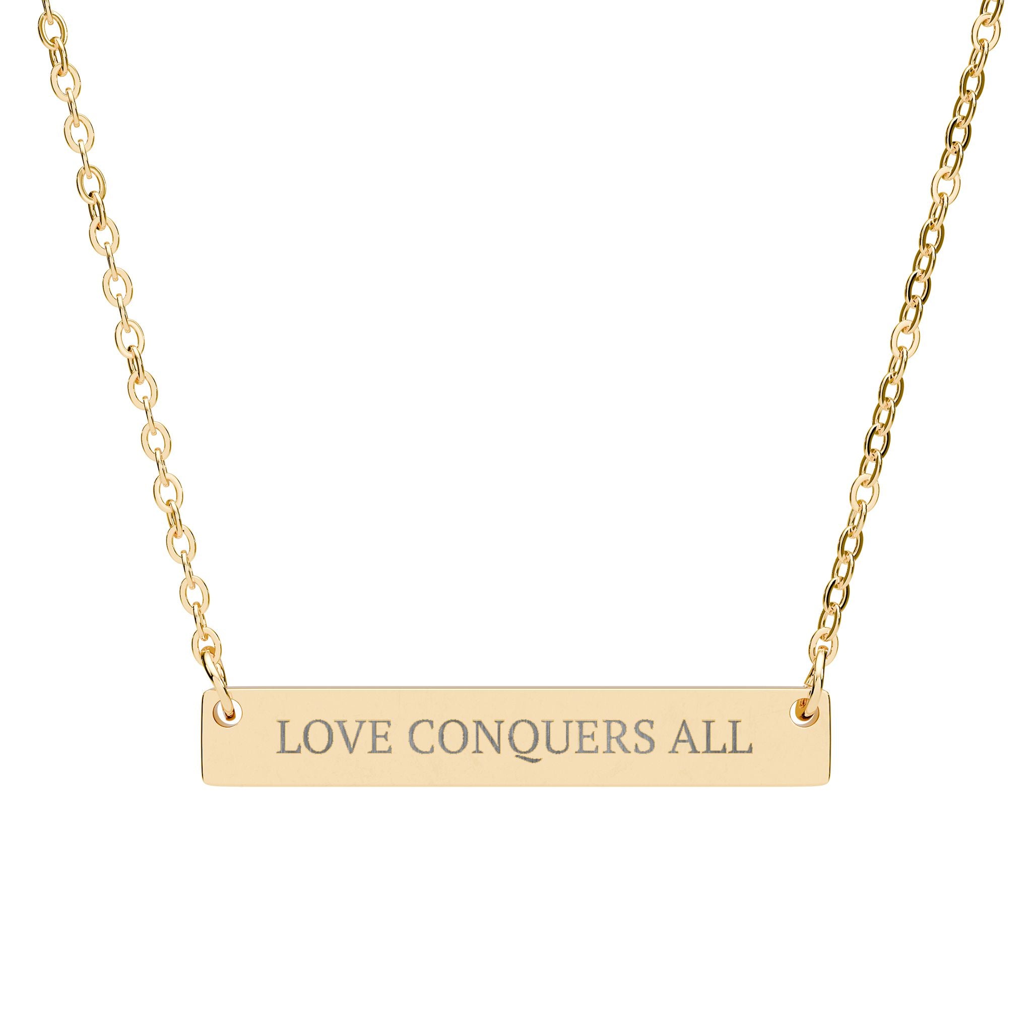 Engraved Bar Necklace — "Love Conquers All"