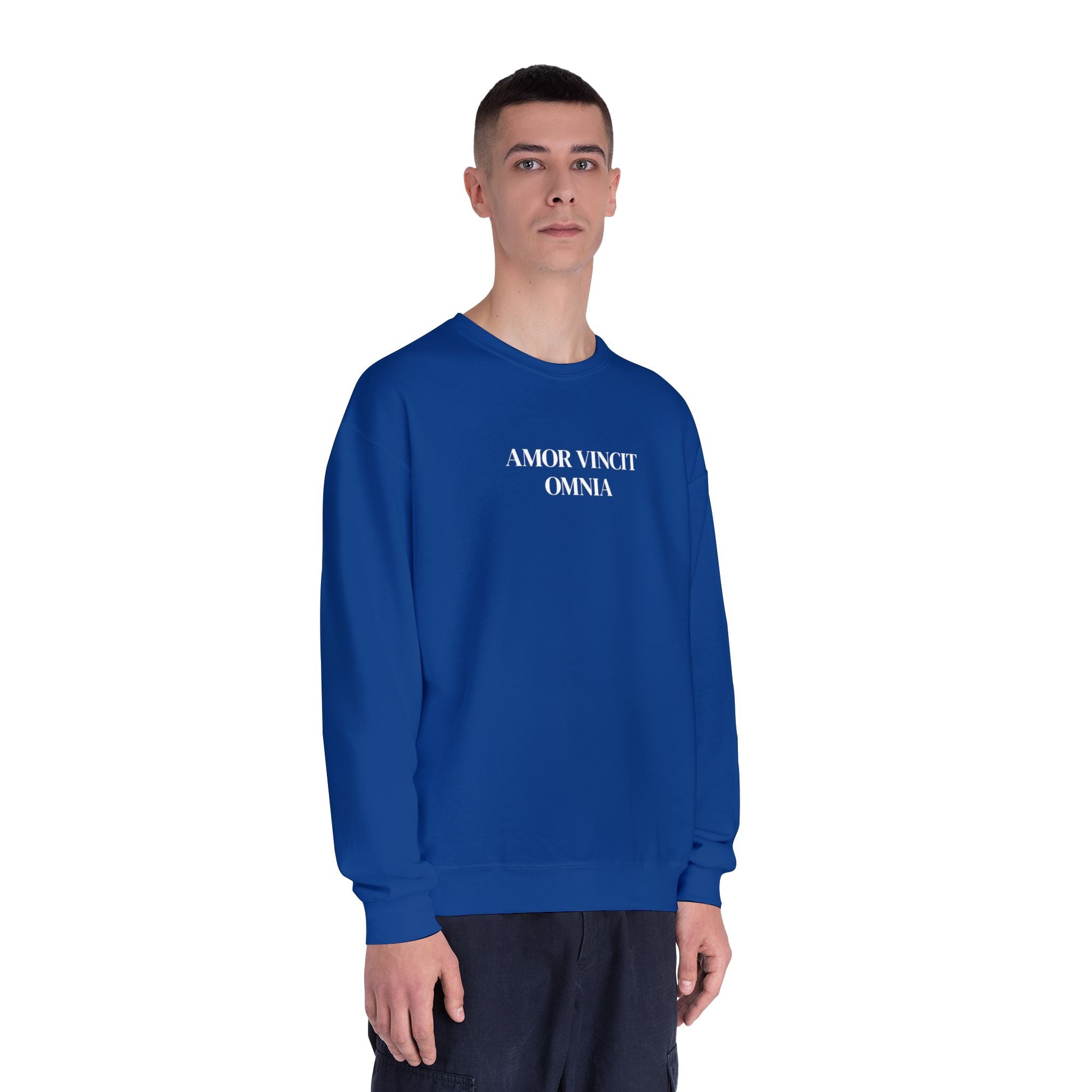 Love Conquers All Crewneck Sweatshirt — "Amor Vincit Omnia" Minimal Cotton Pullover