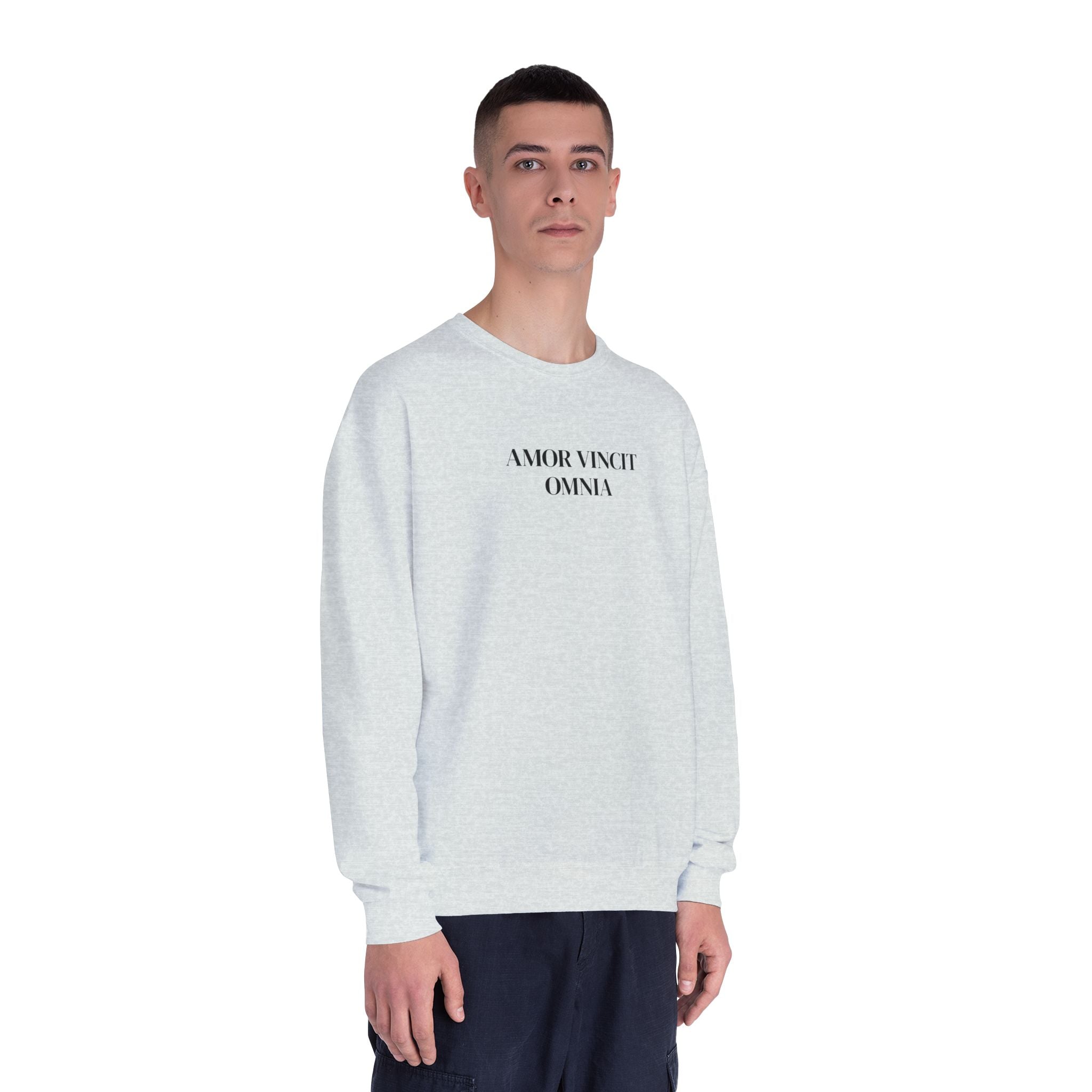 Love Conquers All Crewneck Sweatshirt — "Amor Vincit Omnia" Minimal Cotton Pullover
